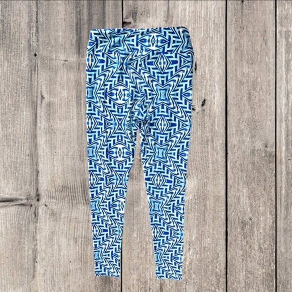 LuLaRoe Blue Geometric with Yellow Accent Lightweight Leggings Pants Women's OS - Picture 2 of 9